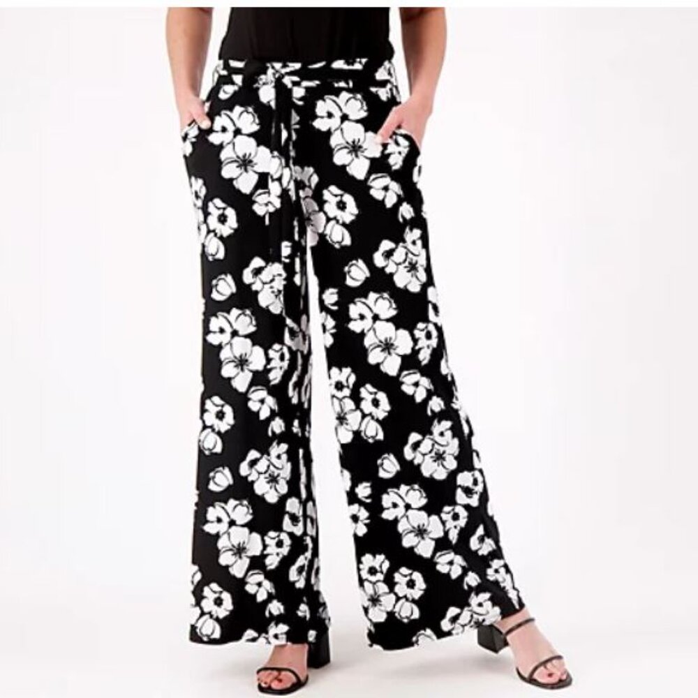 Girl With Curves Regular Wide Leg Knit Pant, Black Floral - XS